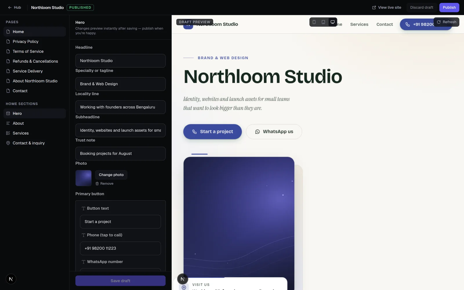 The Sitezen editor — a business site being edited next to its live preview