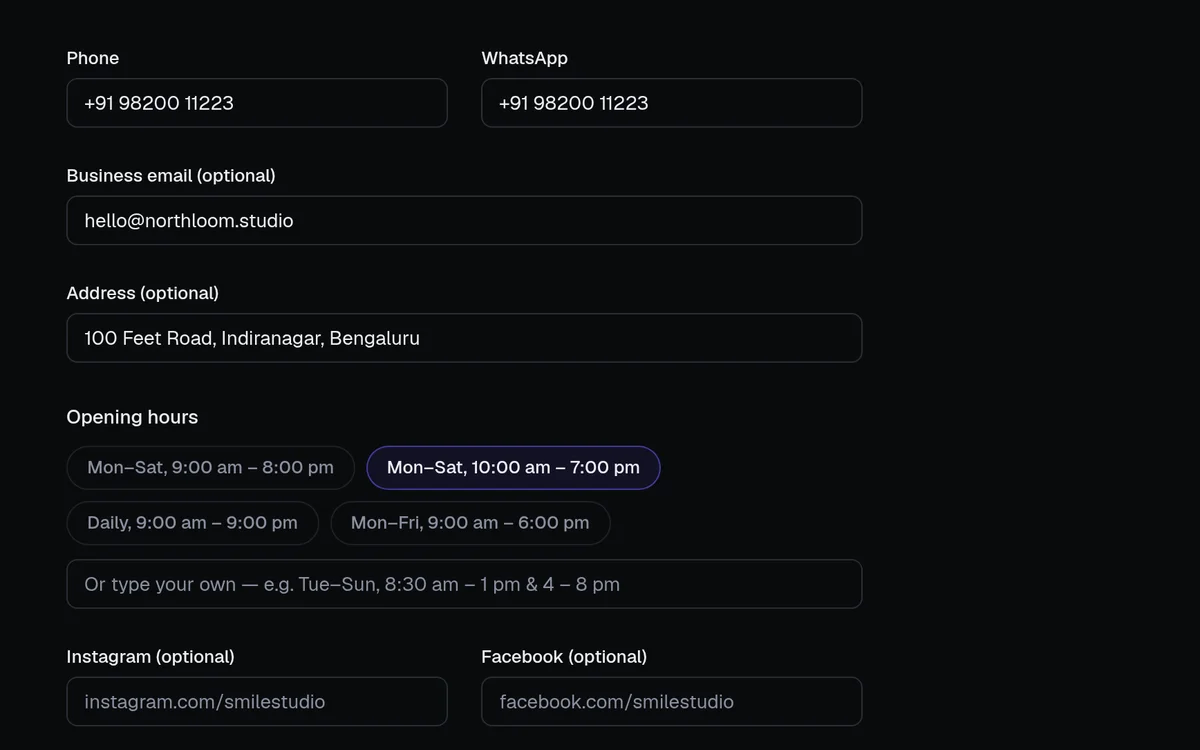 Step two — phone, WhatsApp, address and hours entered as plain answers